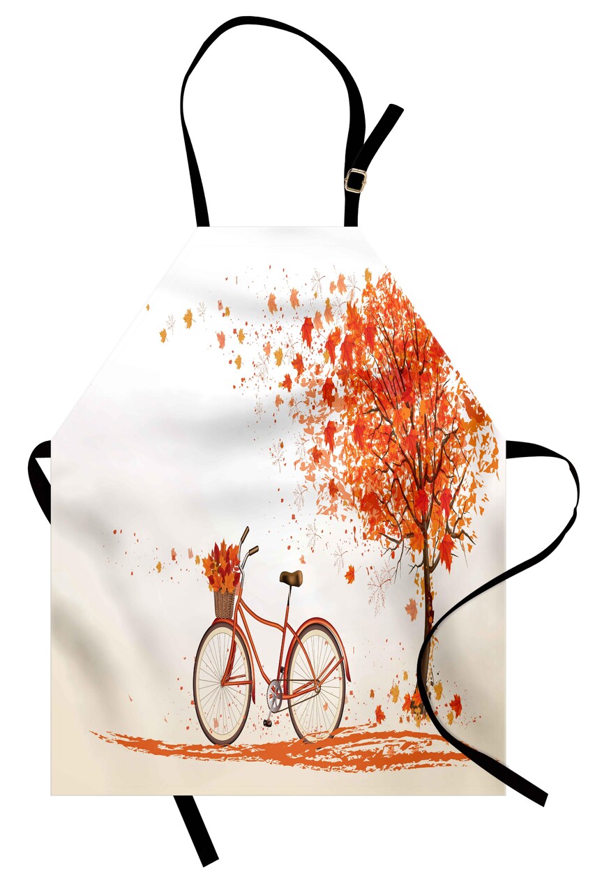 Ambesonne Bicycle Apron, Autumn Tree Aged Old Bike November Day Fall Season Park Nature Theme, Unisex Kitchen Bib with Adjustable Neck for Cooking Gardening, Adult Size, Orange